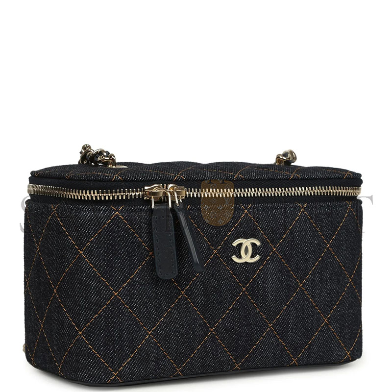 CHANEL MASTER SMALL CLASSIC VANITY CASE DARK BLUE DENIM LIGHT GOLD HARDWARE (17*9.5*8cm) 